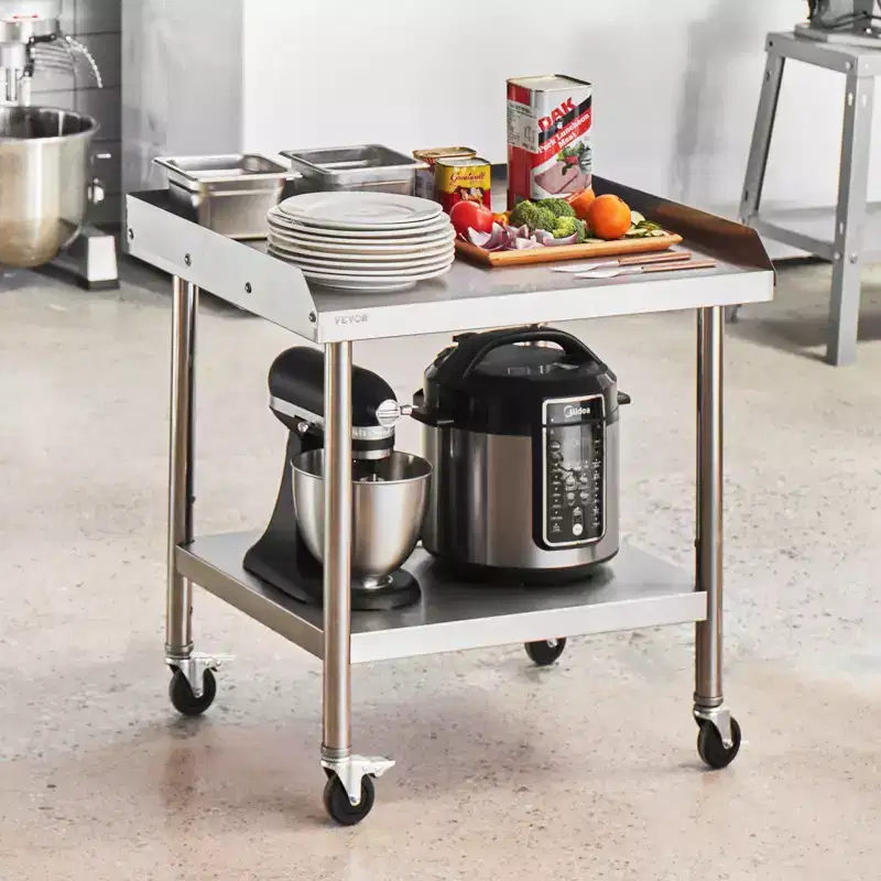 Stainless Steel Work Table, 24 x 28 x 30 Inch Commercial Food Prep Worktable with 4 Wheels,Casters,3-Sided Backsplash HeavyDuty Prep Worktable
