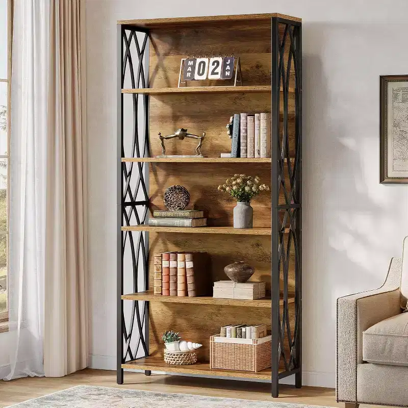 Lantine 70.87 Industrial Bookshelf, 6-Tier Bookcase with Geometric Metal Frame & Open Storage Shelves for Home Office, Living Room, Brown