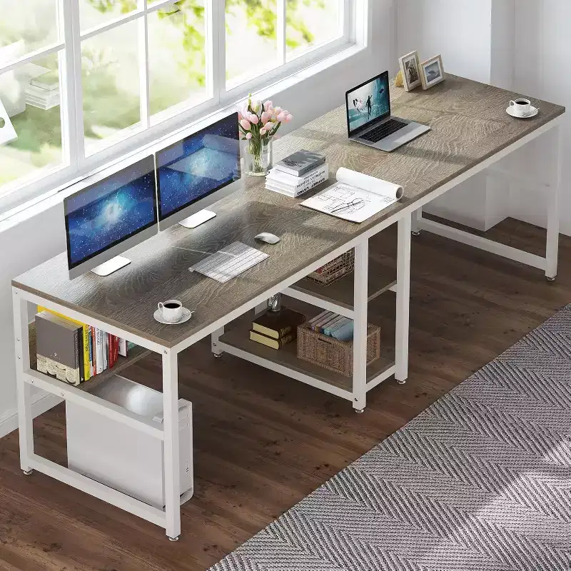 78.7-Inch Two Person Desk with Bookshelf, Computer Office Double Desk and Writing Workstation for Home Office, Gray/White
