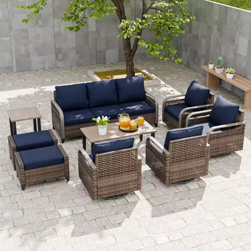 EAGLE PEAK Wicker Outdoor Patio Conversation Set, 4 Swivel Rocker Chairs, 3-Seat Loveseat, 2 Ottomans, Table, 9 Pieces