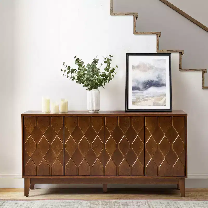 Modern Wide Sideboard with Geometric Relief Door Fronts