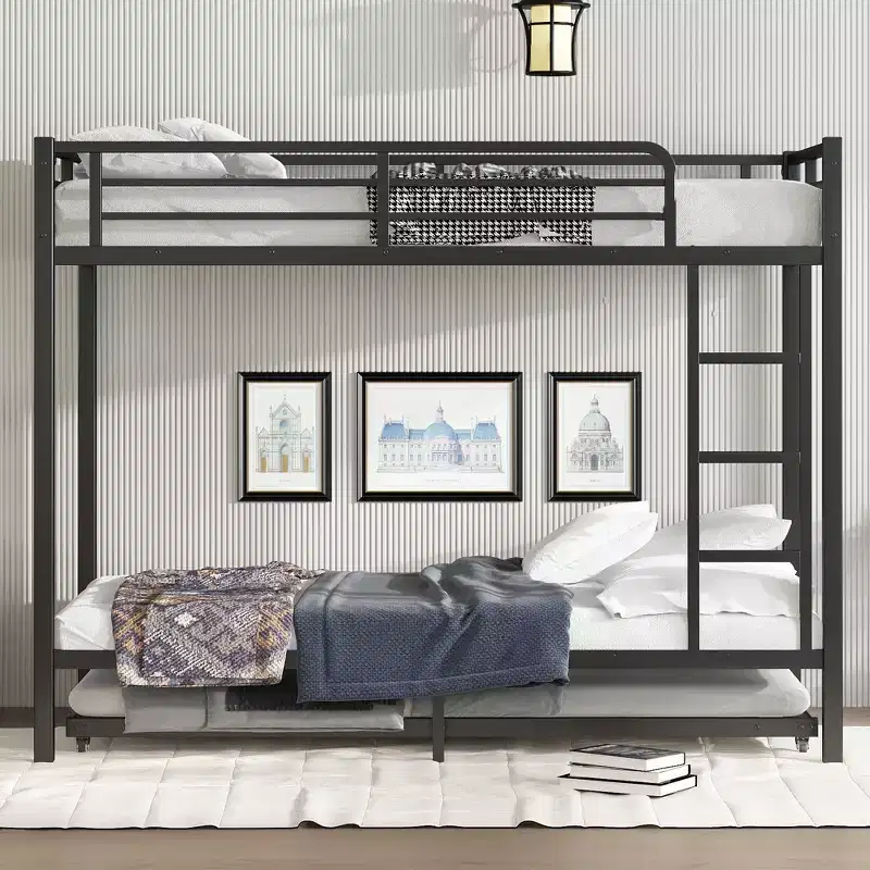 Bellemave Twin XL Over Twin XL Bunk Bed with Trundle, Heavy-Duty Metal Triple Bed Frame, Guardrails, Noise-Free, Black