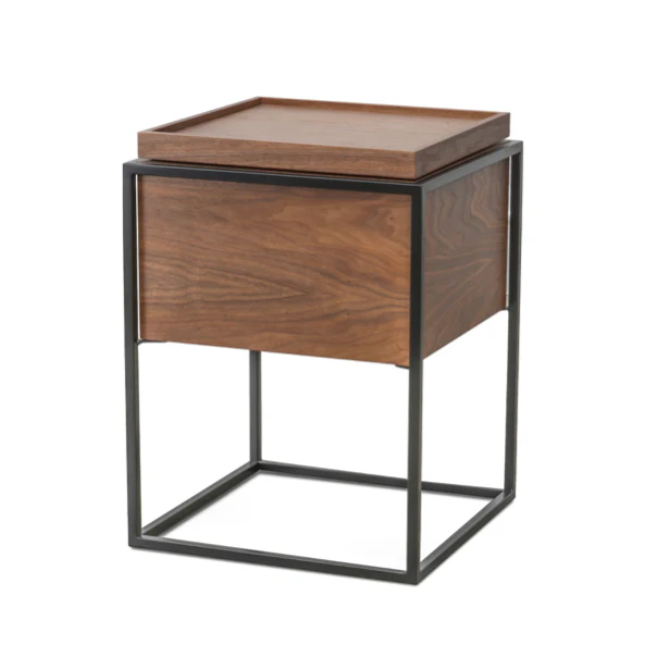 Mid-Century Natural Walnut Side Table with Swivel and Storage for Bedroom
