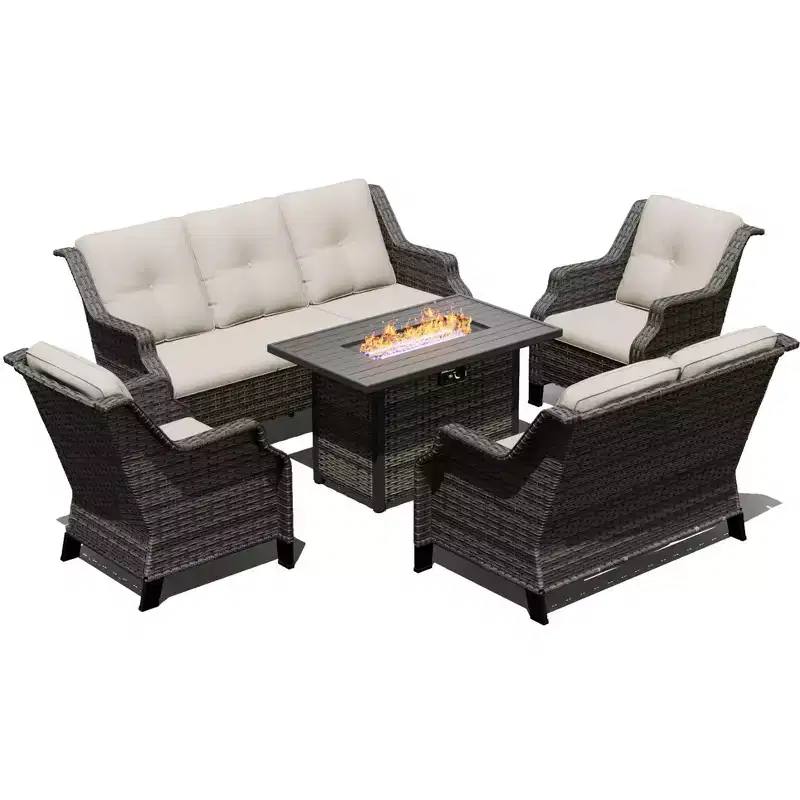 UPTIOT Outdoor Luxury Set with 3-Seater Sofa, Loveseat, Swivel Chairs & Fire Pit for All-Season Comfort