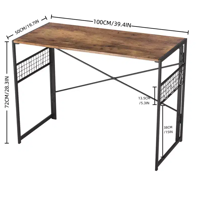 FurnitureR Folding Desk, 39.4 Inch Space Saving Study Writing Table, Computer Desk with 8 Storage Hooks for Bedroom, Home Office, Dorm, Brown
