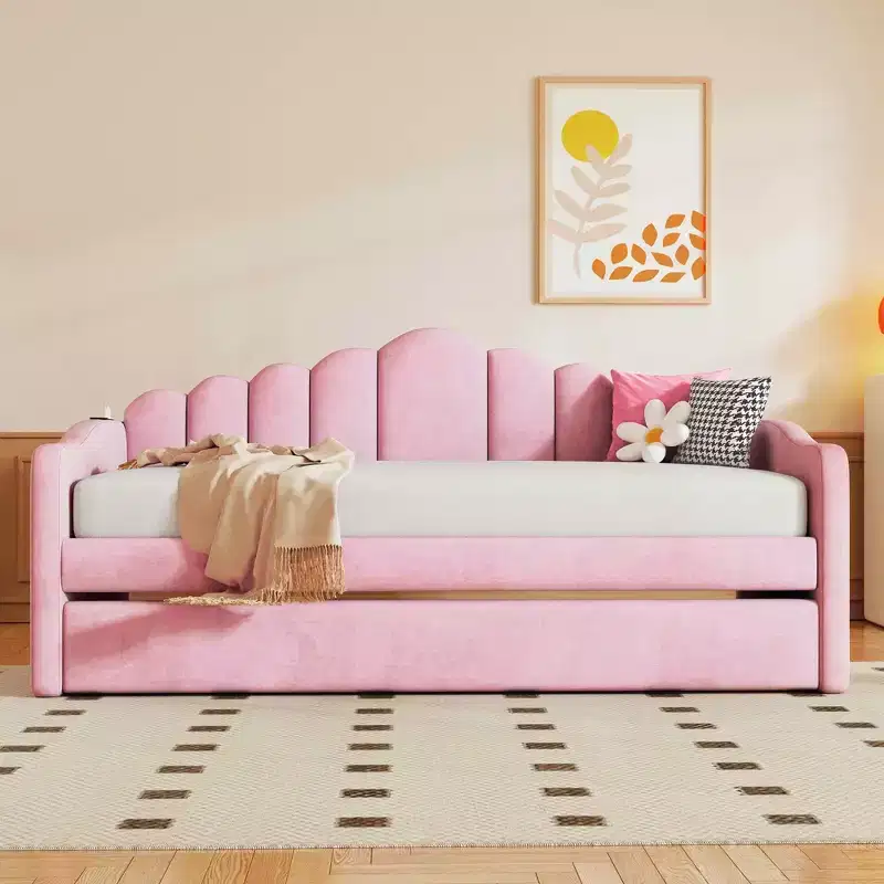 MAYEERTY Twin Size Upholstered Bed with Trundle Velvet Ports for Bedroom Pink