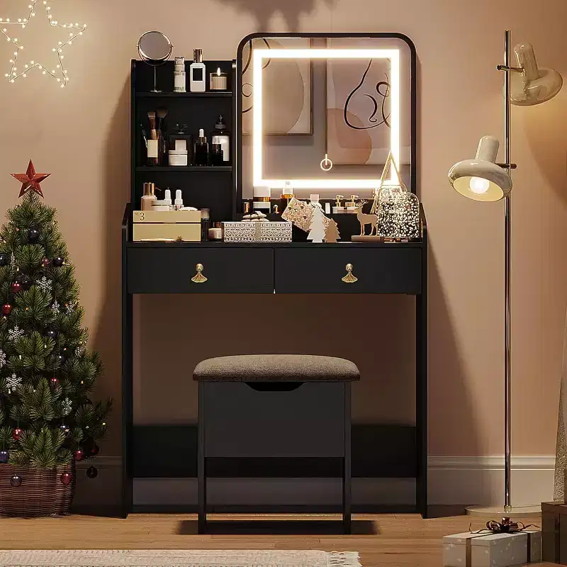 Makeup Vanity Set with Mirror, Small Makeup Desk with Upholstered Storage Stool, Dressing Table with 2 Large Drawers and 3-Tier Open Shelves for Home