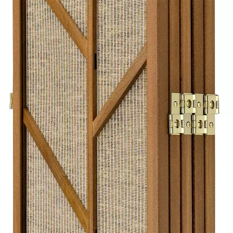 Room Divider Screen with Jute Insert Geometric Cutout Wood 71 inches High