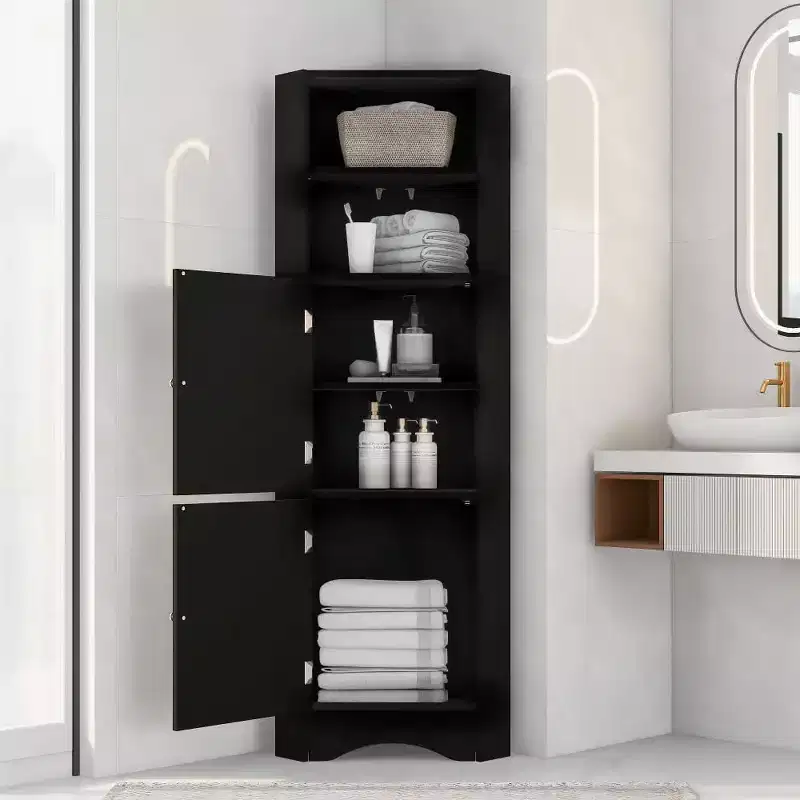 Modern Corner Cabinet, Tall Freestanding Storage Unit with Adjustable Shelves, Geometric Rhombus Design, Easy Assembly, Black Finish