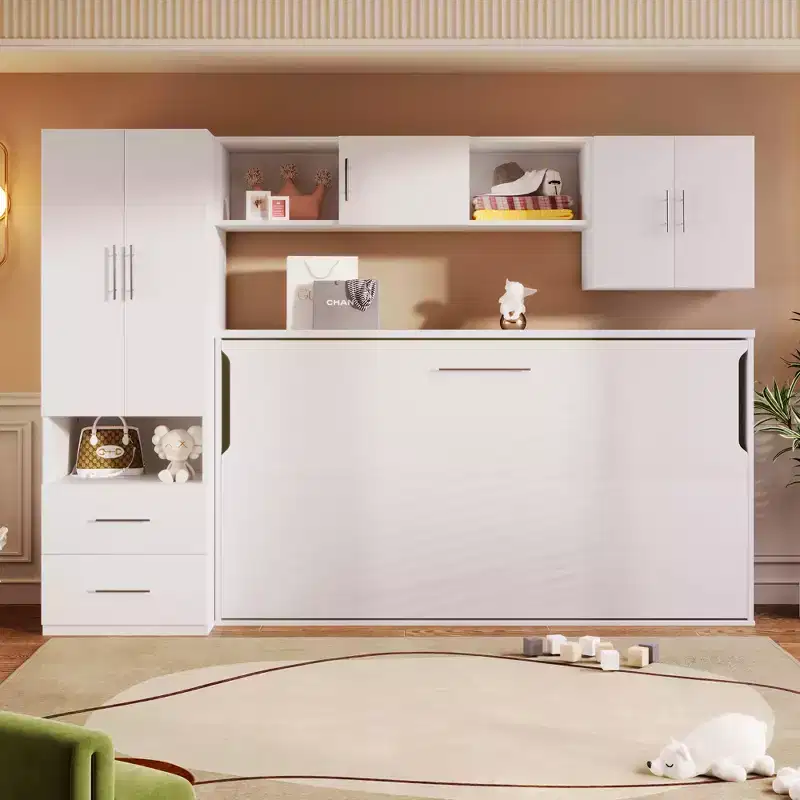 Twin Size Murphy Bed Wall Bed Frame, Wood Cabinet Bed with Built-in Wardrobe, Storage Drawers and Open Shelves, White -ModernLuxe