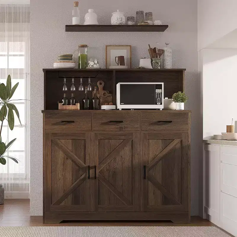 Buffet Cabinet with Storage, Large Wood Coffee Bar Cabinet with Drawers, Doors and Shelves, Farmhouse Kitchen Sideboard Table for Home