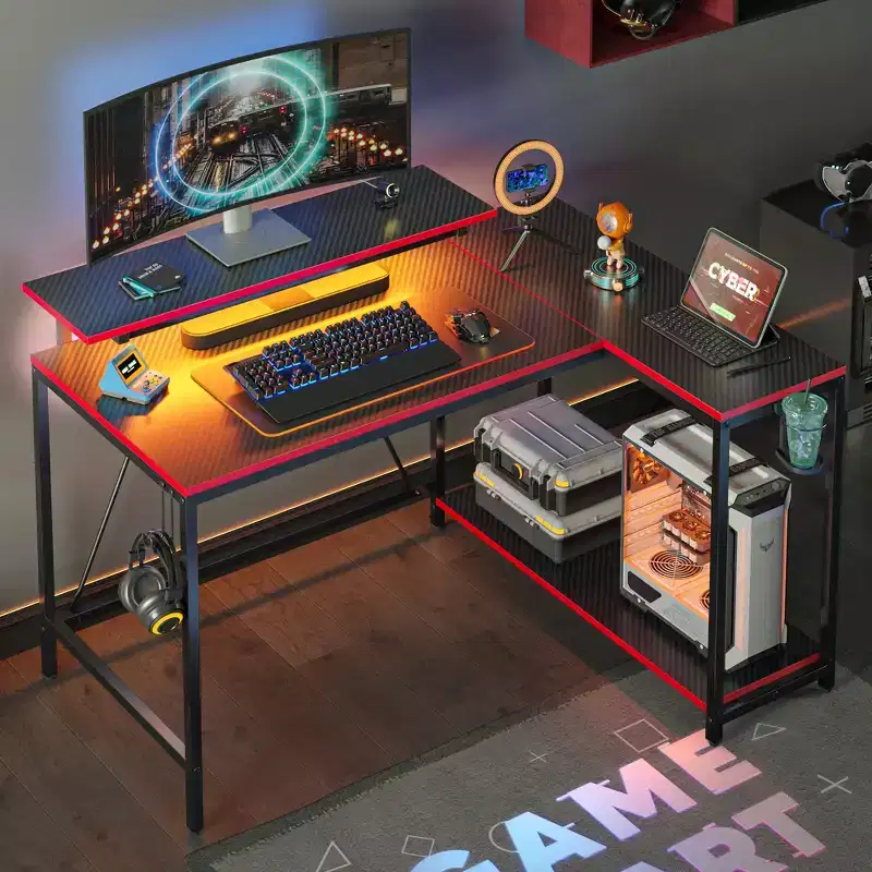 42 Reversible L-Shaped Gaming Desk with Monitor Stand, LED Lights, Headphone Hook & Storage Shelves, Home Office Desk
