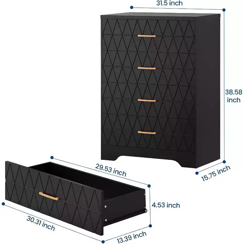 Tall Dresser for Bedroom Closet with 4 Drawers, Wood Chest of Drawers with Gold Handles