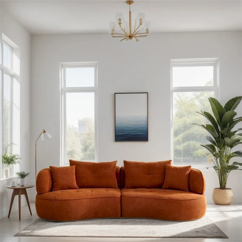 Orange / White Curved Sectional Sofa, 4-Seat, Fabric Upholstery