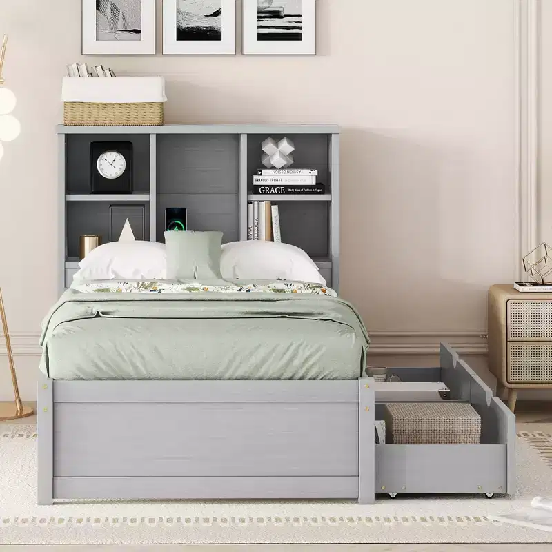 Modern Twin Size Bed Frame With Bookcase Headboard, USB Port and 2 Drawers