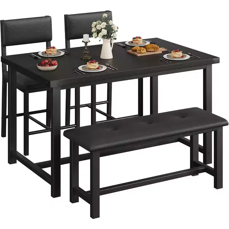 Dining Table for 4, Kitchen Table and 2 Upholstered Chairs with Bench, Wooden Rectangular Dining Room