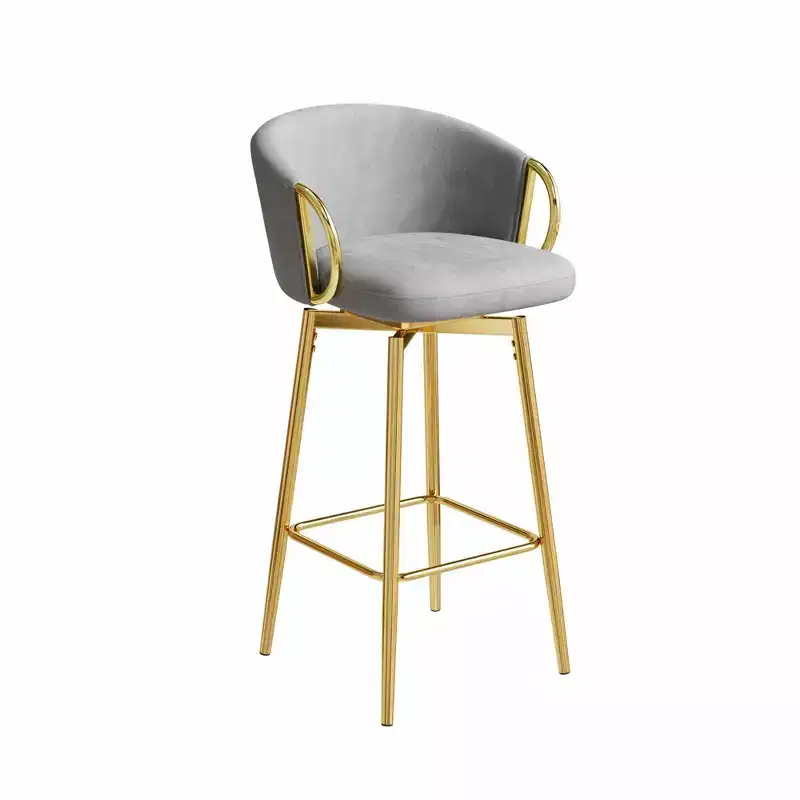 HomeRoots Set of Two 30 Gray and Gold Velvet and Metal Bar Height Swivel Bar Chairs