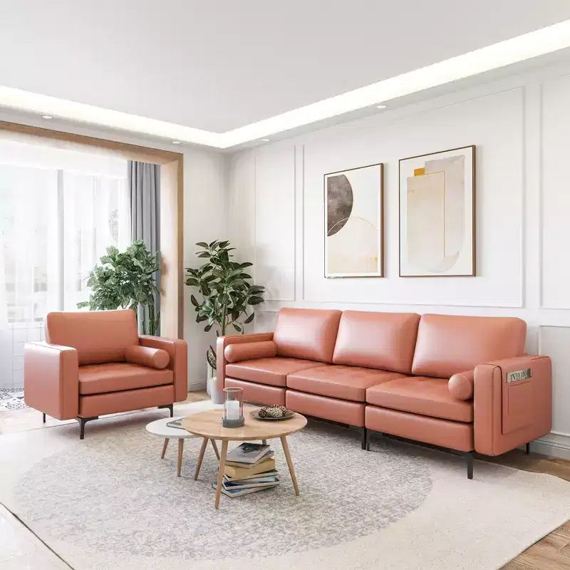 Costway Modular 3-Seat Sofa Couch with Socket USB Ports & Side Storage Pocket Coral Pink/Grey