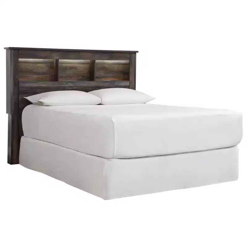 Queen/Full Bookcase Headboard: LED Lighting, Rustic Finish