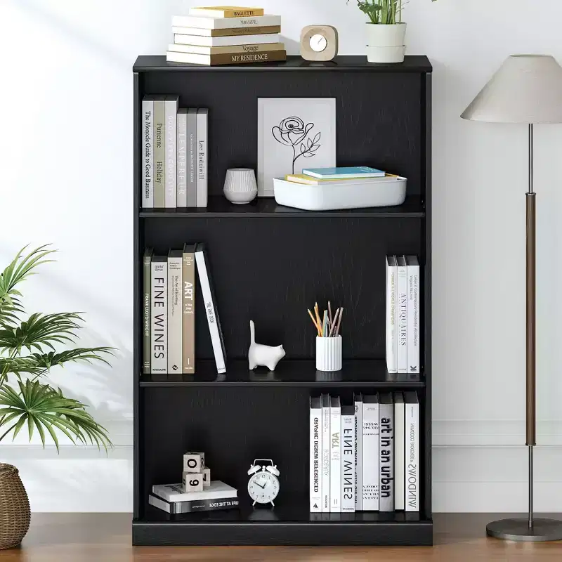 [48.5-inch | Practical]4-Tier Doorless Wood Grain Storage Shelf (Matte Black + Heavy-Duty Storage)