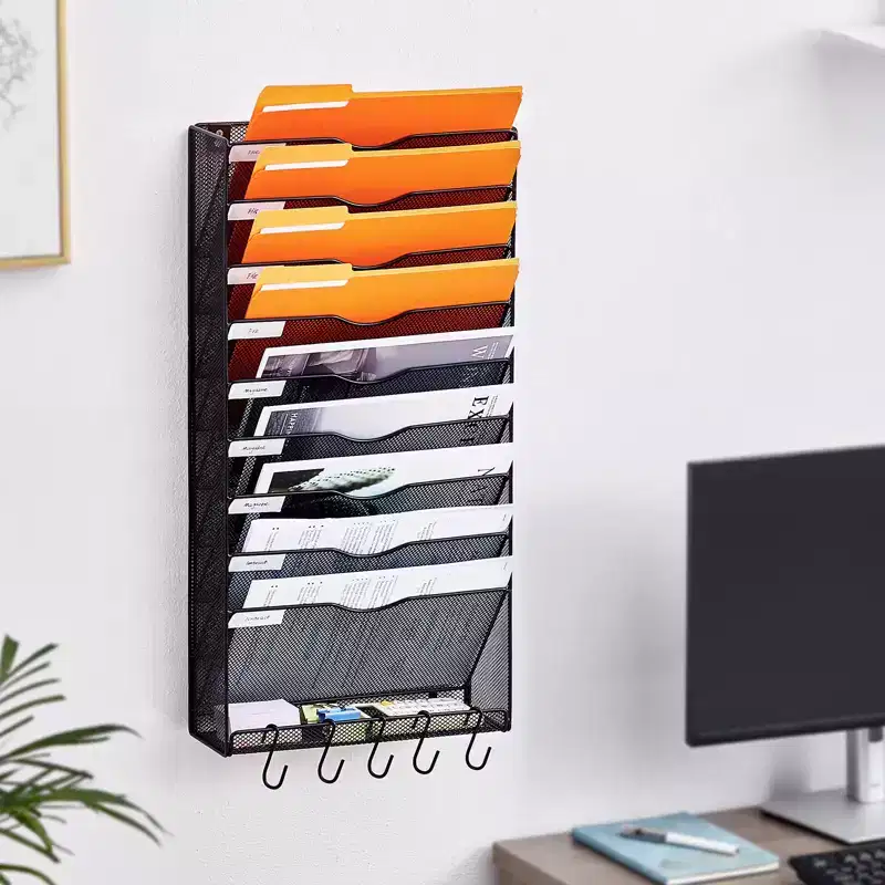 10-Pocket Mesh Wall File Organizer, Metal, Wall Mount, Holds 22 lbs, 12.68
