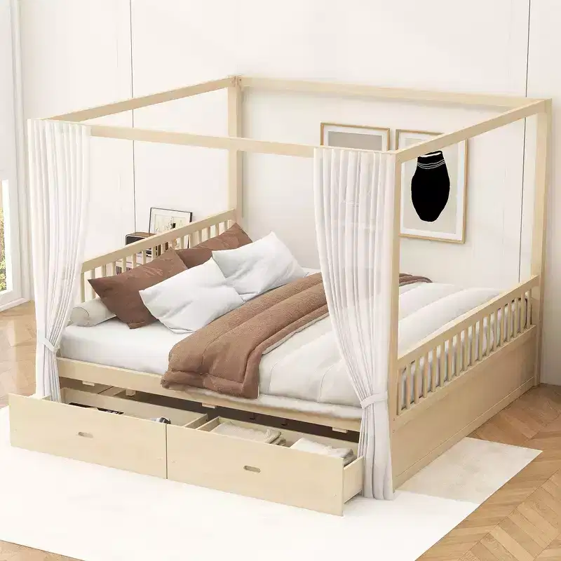 Whisen Queen Size Wooden Canopy Bed Frame with 2 Built-in Storage Drawers, Sturdy Durable Construction