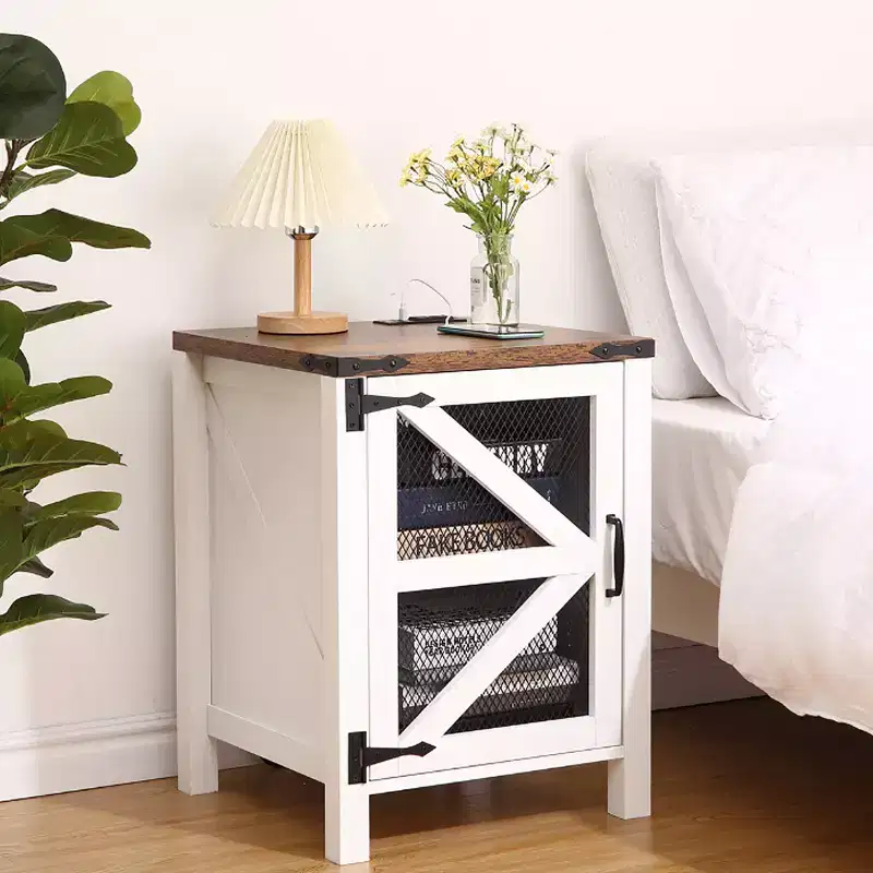 Vintage Smokey Wood & White Farmhouse Nightstand – Single, Barn Door Style