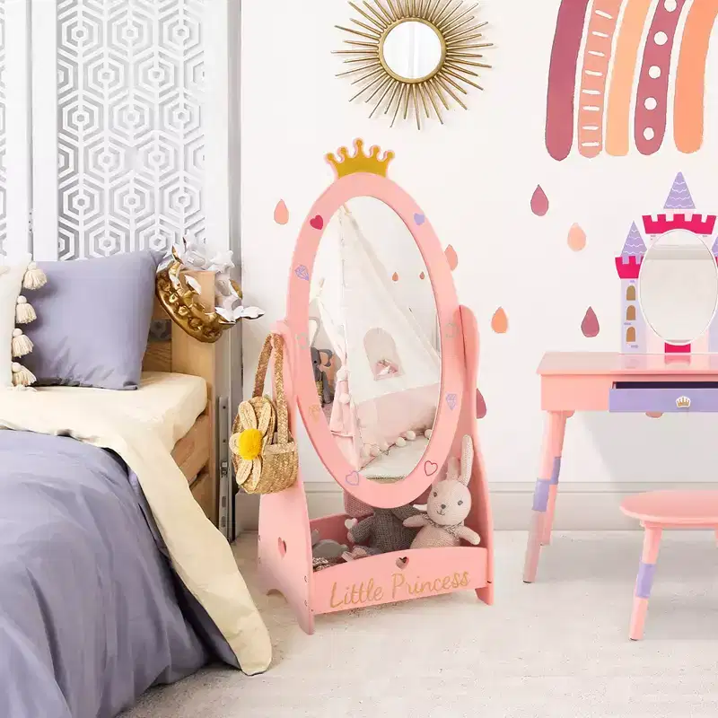 Costway Kids Full Length Mirror Free-Standing 360 Dressing Wooden Princess Storage Pink