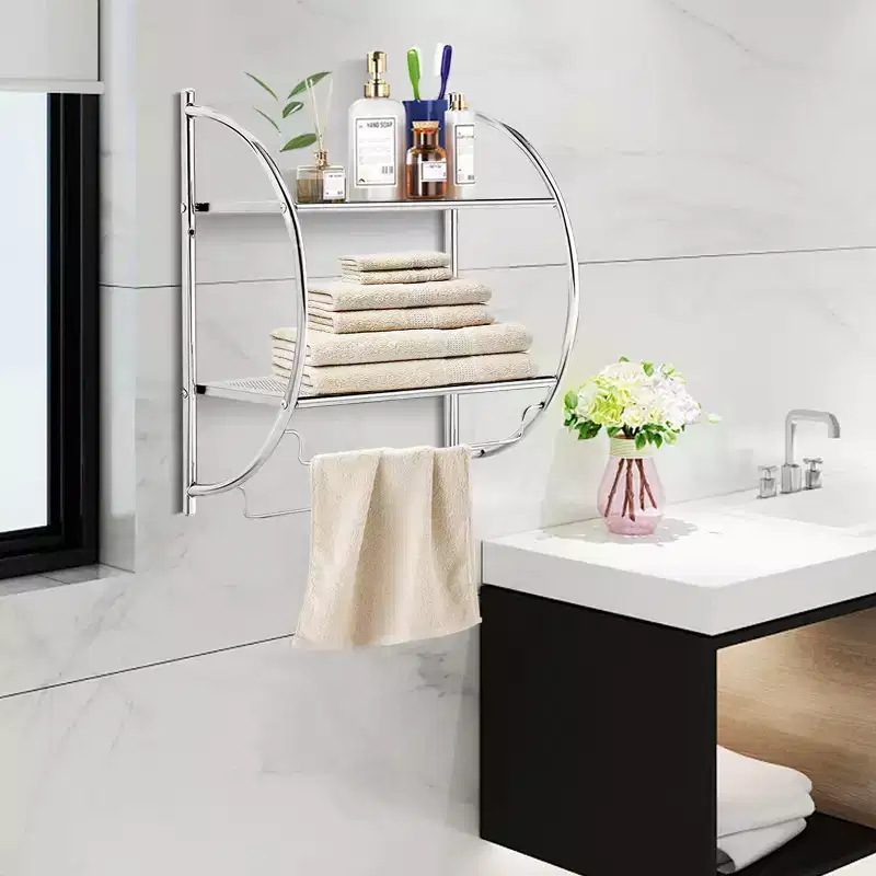Wall Mounted Bathroom Shelf with 2 Tier Bathroom Towel Rack 2 Towel Bars for Hotel White/Sliver