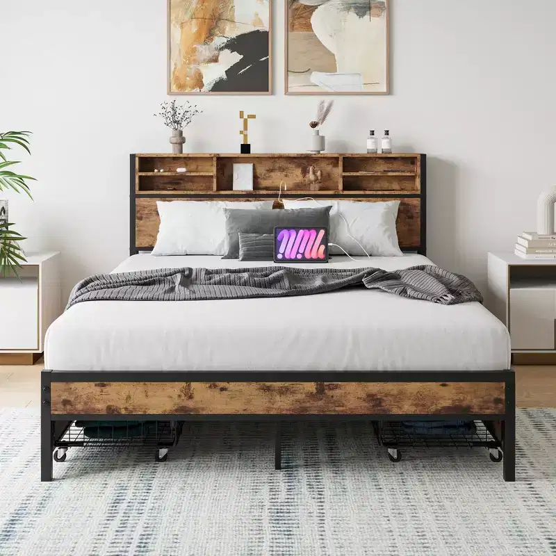 MAYEERTY Queen Size Brown Metal Platform Bed Frame 4 Storage Drawers Wooden Headboard Charging Station No Box Spring Noise Free Easy Assembly
