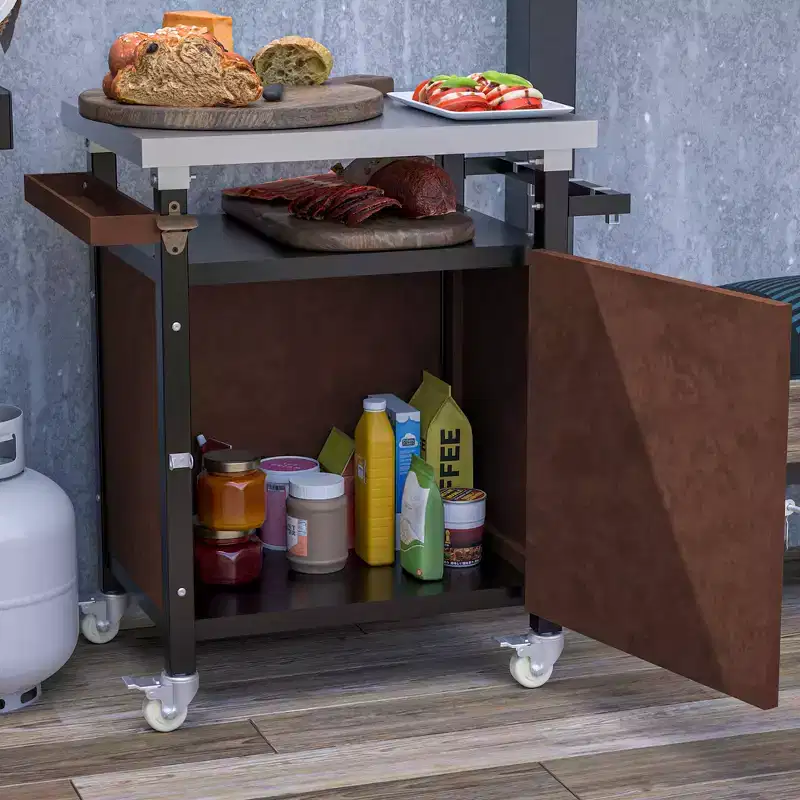 JVNOXK 32-inch Outdoor Portable Island Grill Cart with Hooks and Spice Rack, Waterproof Outdoor Grill Table, Stainless Steel Countertop,Brown