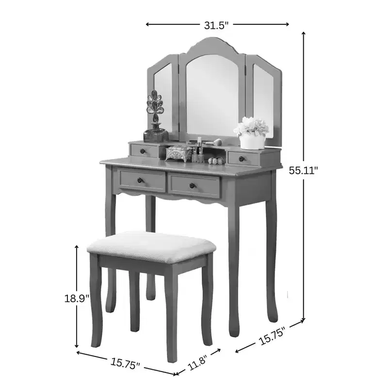 31.5-Inch Three-Sided Beveled Mirror Wooden Vanity with 2 Drawers and Stool, White