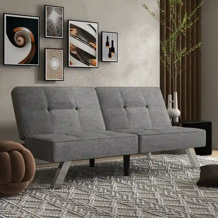 Grey Linen Convertible Futon Sofa Bed, Single