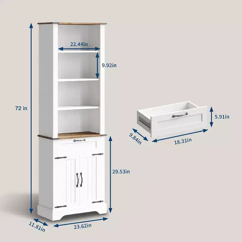 Acekool 4 Tier Farmhouse Bookcase with Doors, White Bookshelf with Drawer Storage Cabinet and Adjustable Shelf, 24 x 12 x 72 Inch