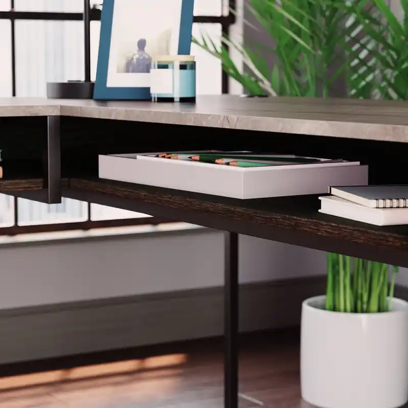 65.98 L-Shaped Office Desk with 2-Drawers, Cubbyholes & Shelves - Umber Wood