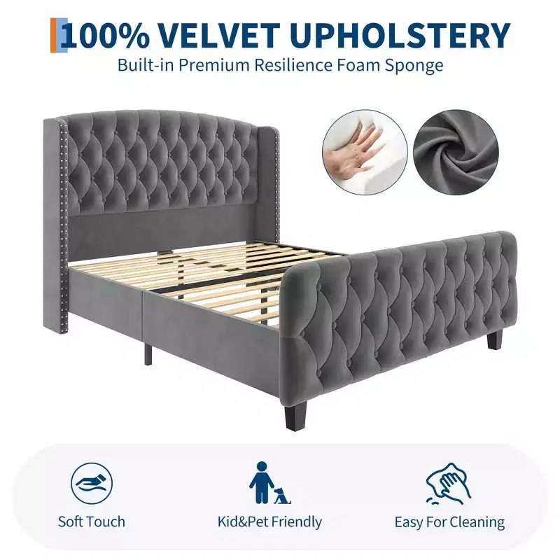 Platform Bed Frame with 51'' Tall Deep Button Tufted Suede Wingback Headboard & Footboard  Nailhead Trim, Sturdy Wood Slats,Noise-Free,No Box Needed