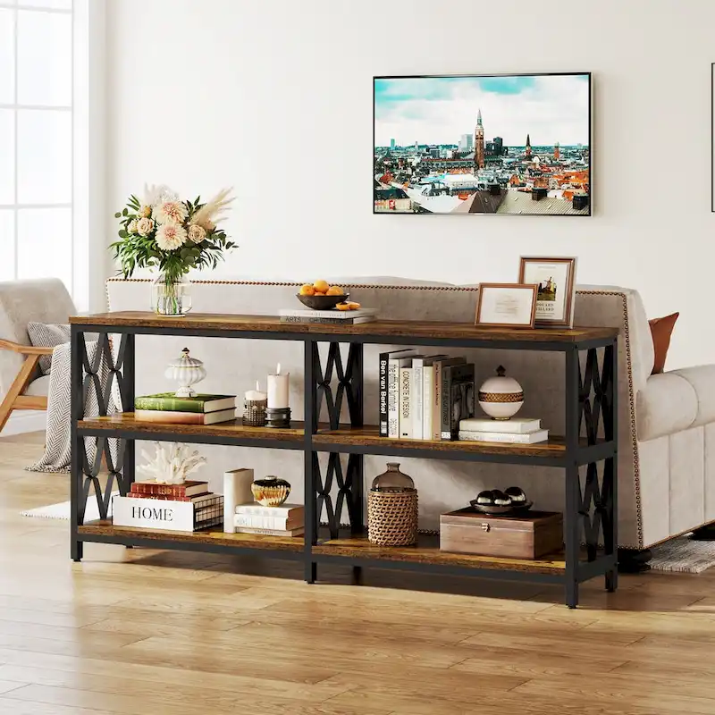 3-Tier Console Table , 70.9-in Industrial Sofa Table, Long Foyer Table Entryway Table