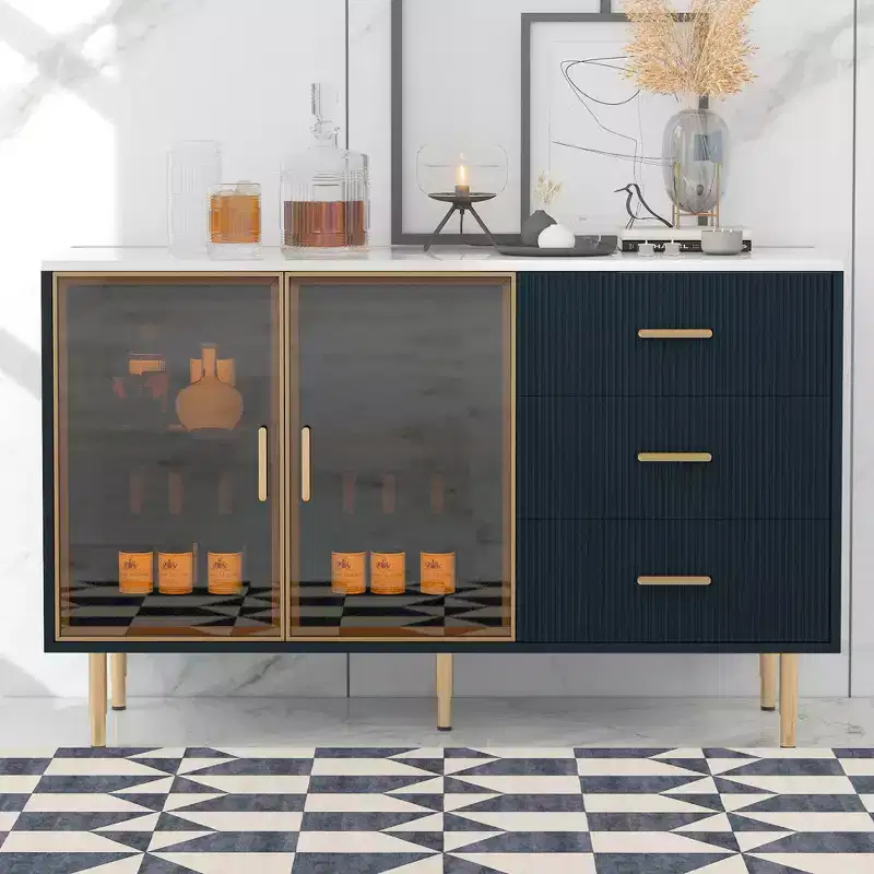 Modern Sideboard with Marble-Look Tabletop, Gold Metal Legs & Handles - 60
