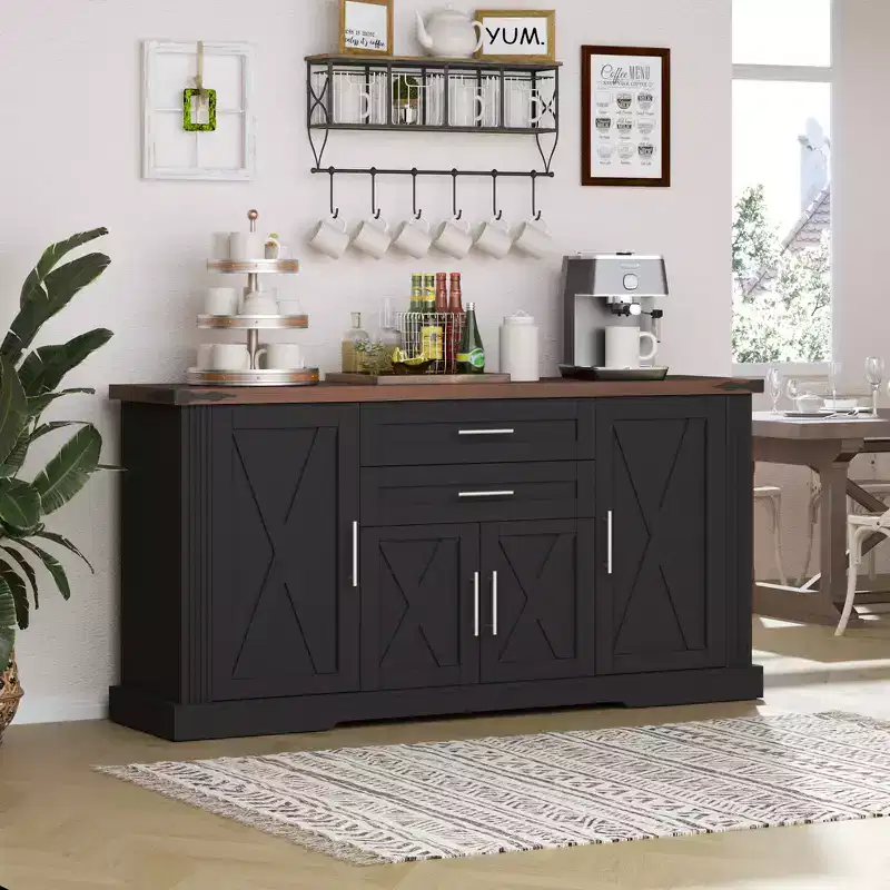 MDF Farmhouse Storage Cabinet with Barn Doors & Drawers 63''W x 32''H