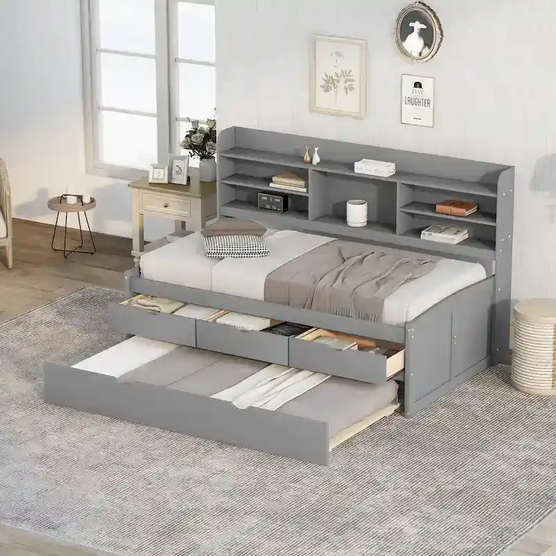 Twin Captain Bed with Bookcase Headboard, 3 Drawers & Trundle – Gray / White / Antique Gray, Pine & MDF, Single