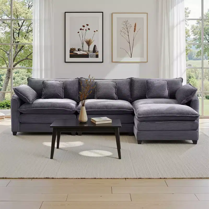 EHMKNP Corduroy 3-Seat Sectional Sofa - Modular with Ottoman