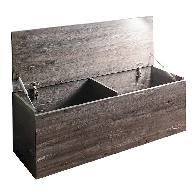 Lean Storage Bench Chest with Safety Hinges, Lift Top, Farmhouse Gray Wood