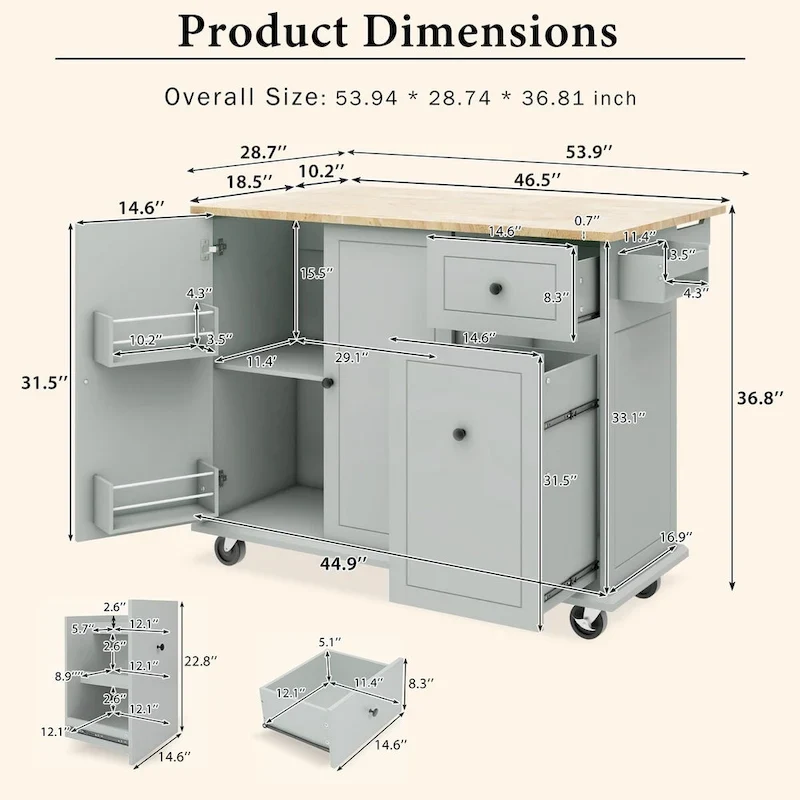 53.9 Kitchen Island Cart with Drop Leaf on Wheels