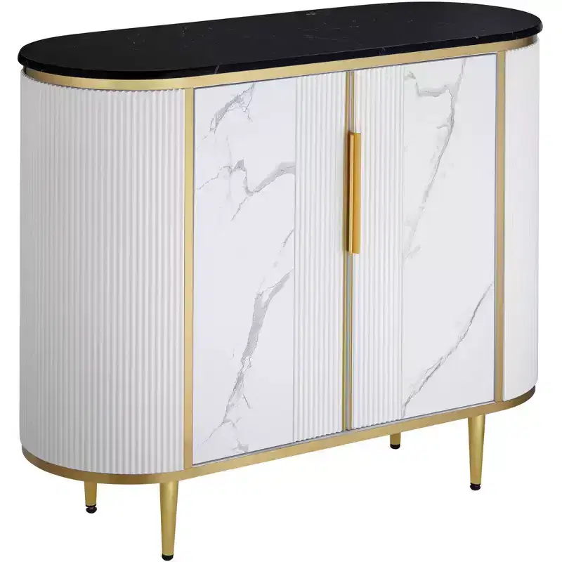 Modern White Oval Console Table 38 1/4 x 15 1/4 with Storage Black Marble Tabletop for Living Room Home