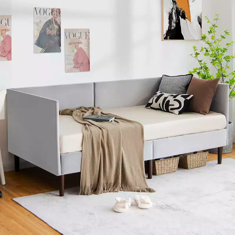 Twin Daybed Frame Upholstered Velvet, 440 lbs, Gray, Wood Slat Base, Under-Bed Storage