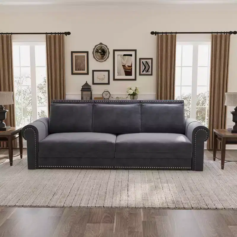MAYEERTY 93.7 King Pull Out Sofa Bed, 3-in-1 Velvet Convertible Sleeper Sofa with Nailhead Trim& Rolled Arm Gray