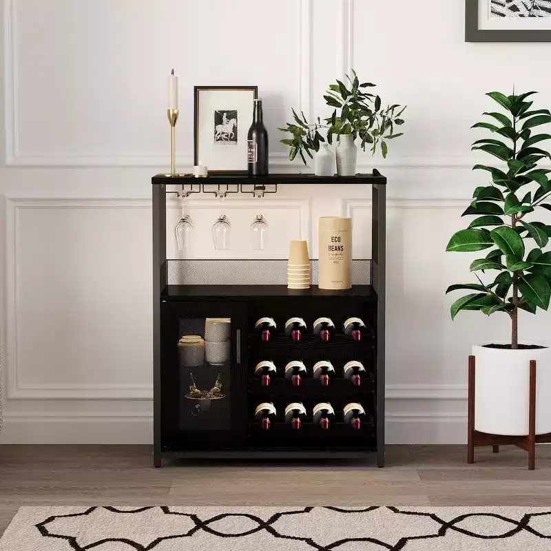 3-Tier Wine Bar Cabinet with Wine Rack and Storage Space, Buffet Cabinet with Glass Holder and Mesh Door, for Kitchen, Living Room and Bar