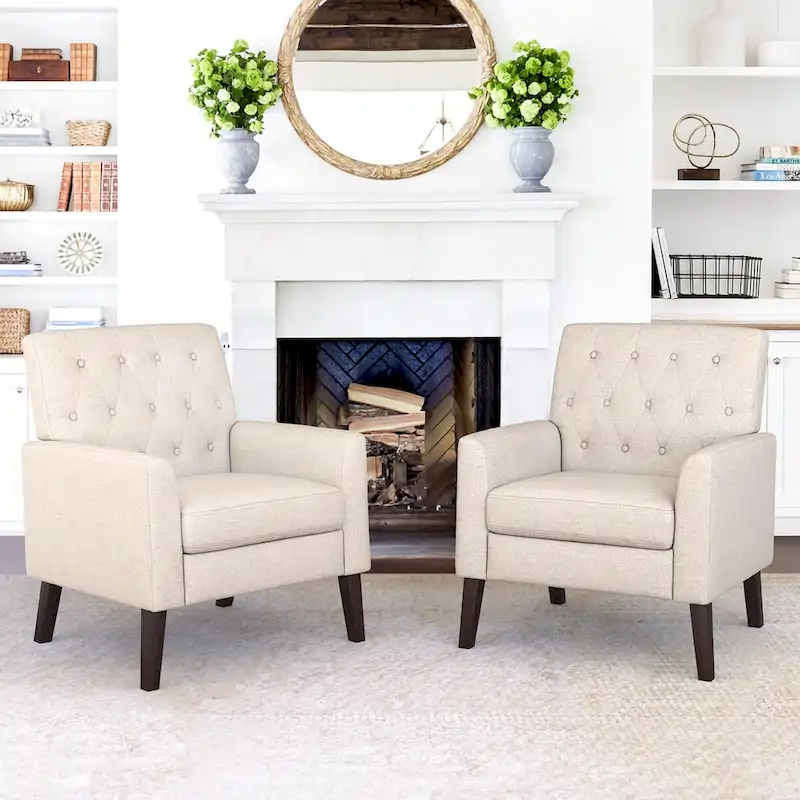 LUE BONA Mid-Century Modern Upholstered Linen Fabric Button Tufted Accent Chair Set of 2 - 28.5 W X 27.25 D X 33.75 H
