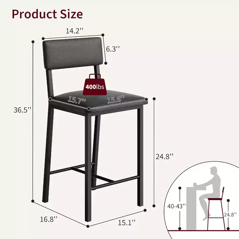 Upholstered Bar Stools, Leather Back Footrest Counter Height Thickened Metal Legs for Kitchen Island Bar