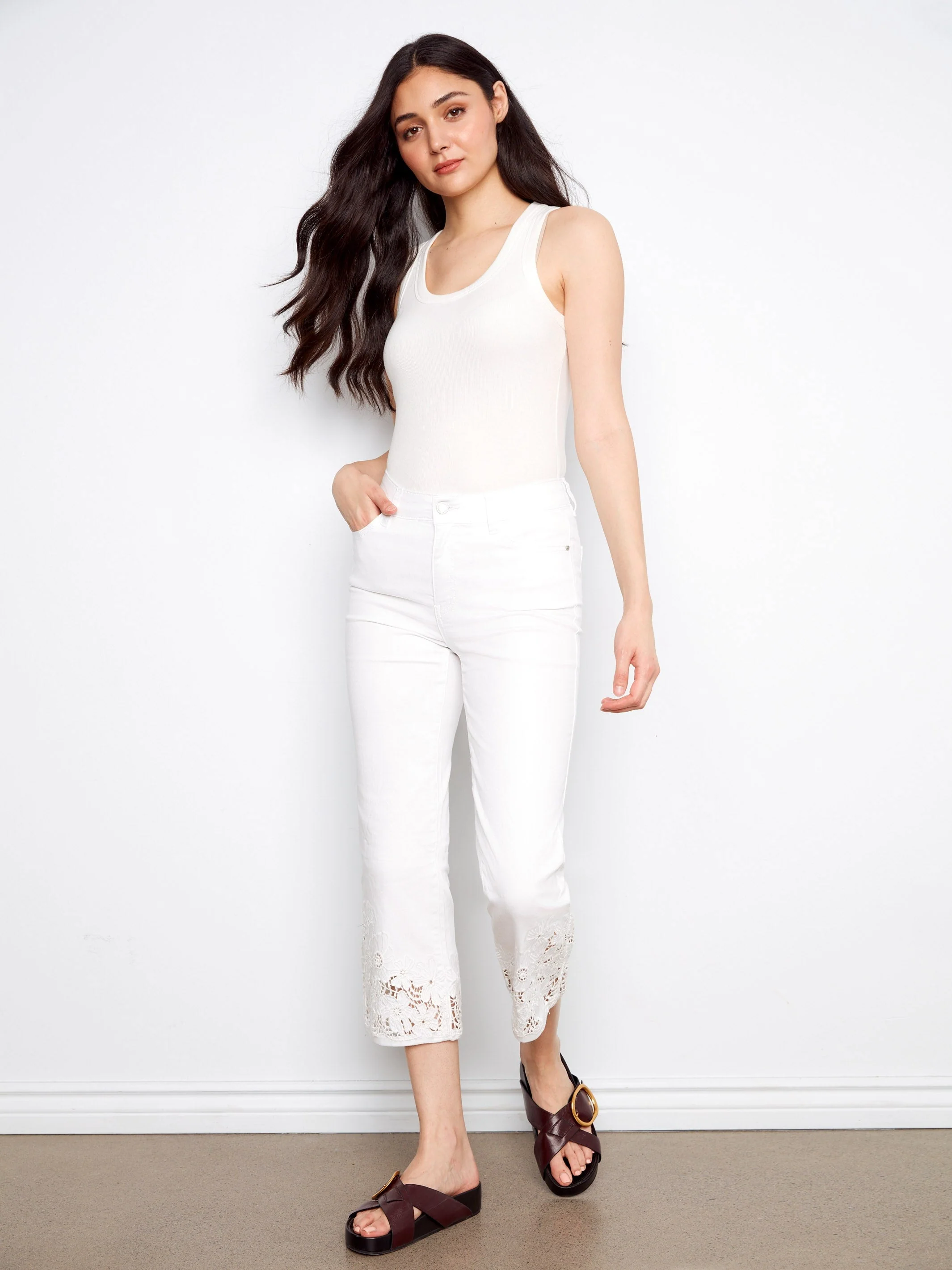 Cropped Flare Twill Jeans With Floral Lace Hem - White